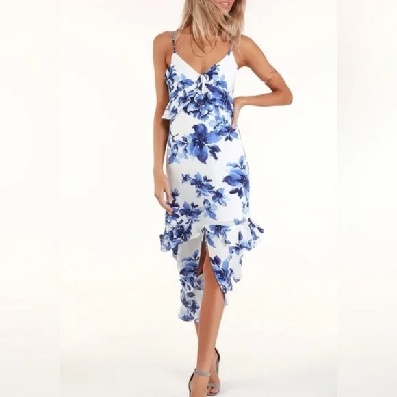 Lulus NEW Island Time Blue and White Floral Print Ruffled Midi Dress Size S - Picture 1 of 10